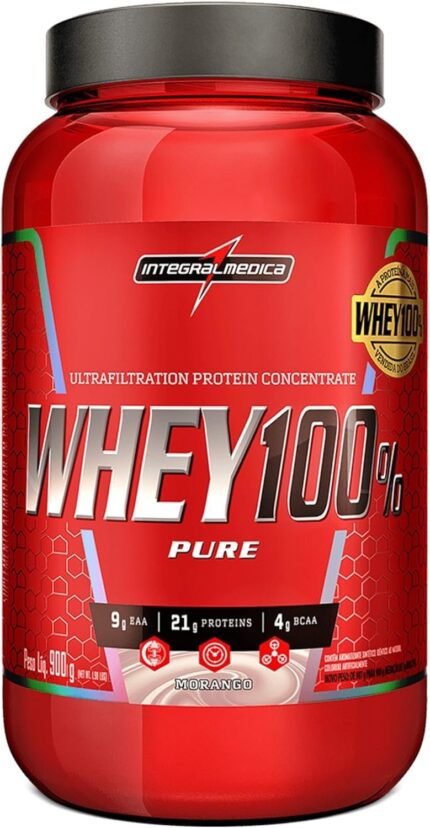 Whey Protein Concentrado Morango 100% Pure - 21g de Proteína por Scoop, Suplementação Alimentar Pós-Treino, Fórmula Enriquecida com BCAAs - Pote 900g